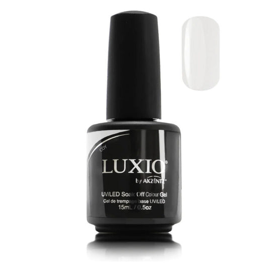 A bottle of Luxio nail gel polish in a milky white color, with a black cap and label.