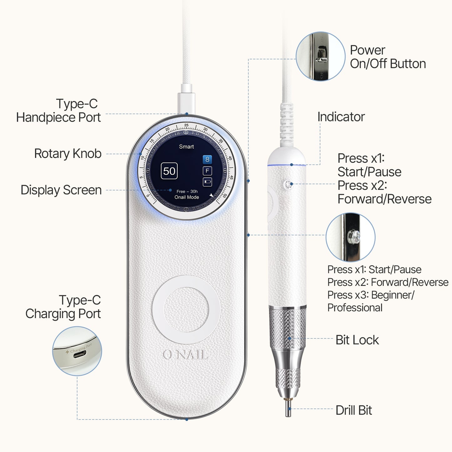 ONAIL AI Precision Drill with 2 Handpieces (Plus a FREE Set of Bits!)