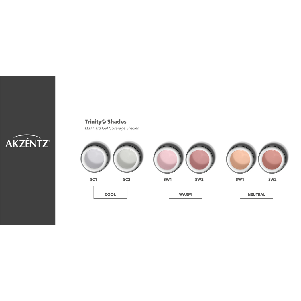 Akzentz Trinity Shades LED Gel Coverage Shades with color swatches on a white background