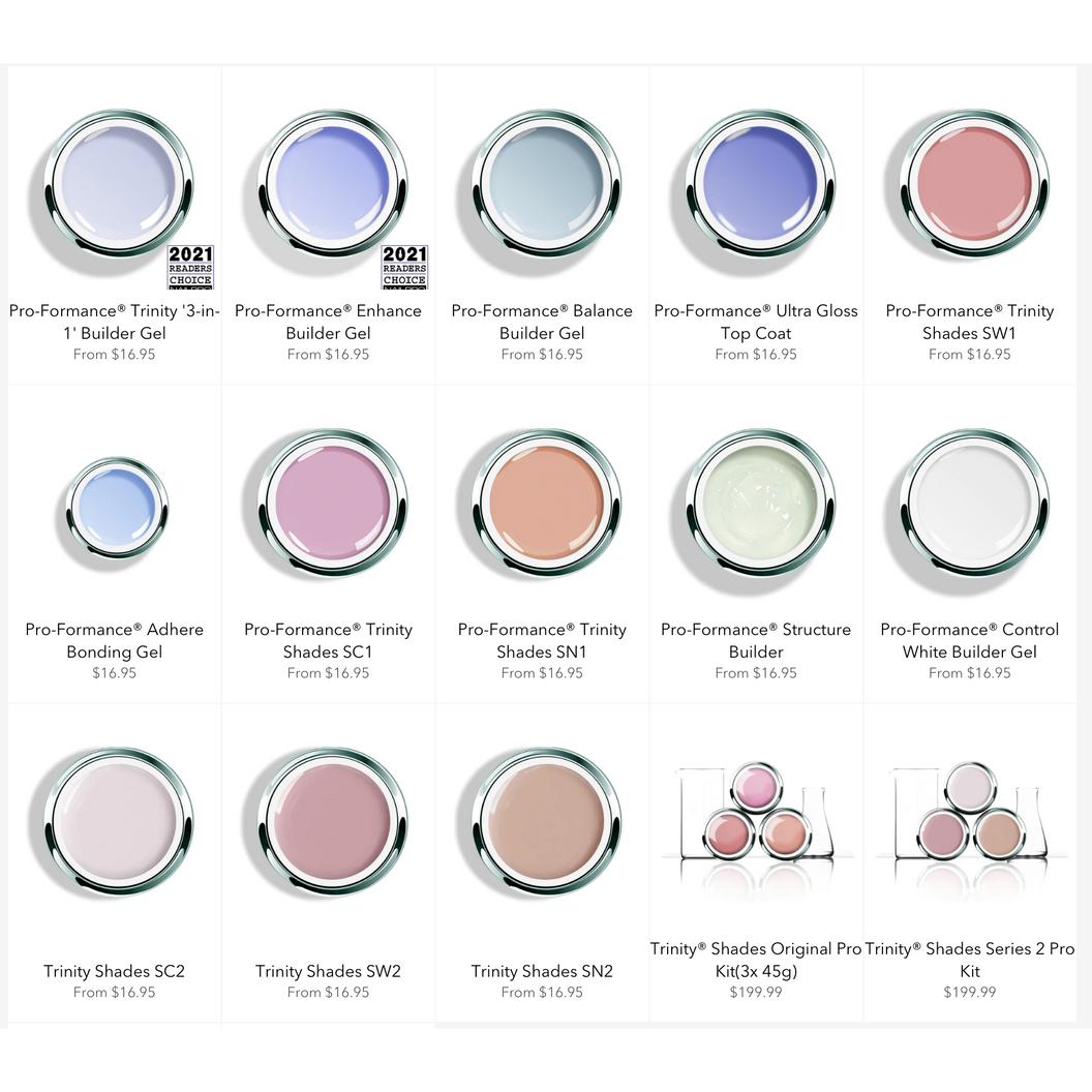 Collection of Pro-Formance gel product options with pricing on a white background