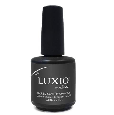 A black bottle of Luxio by AKZENTZ base gel coat with white and silver text on the label.