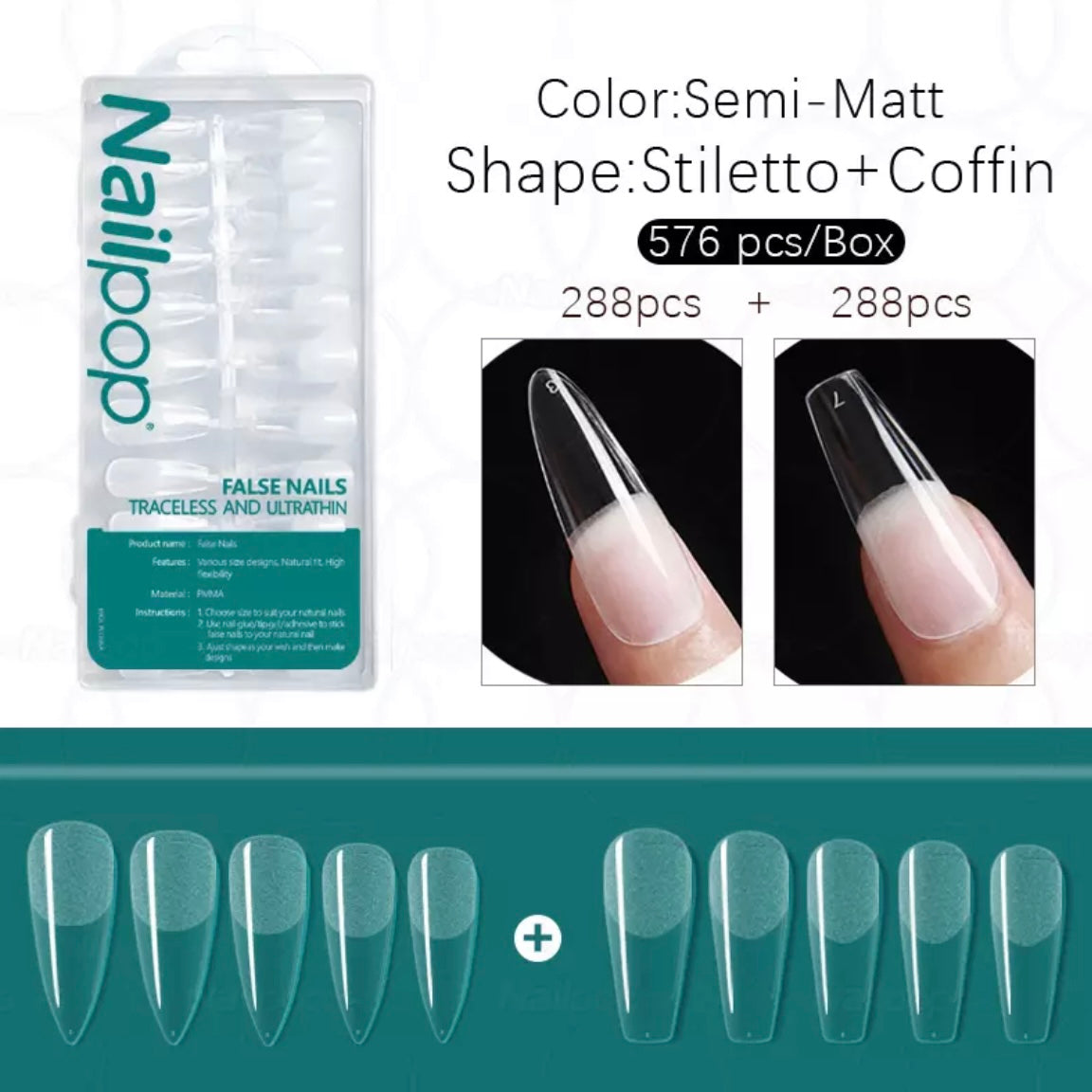 Gel tips, 576 pc set, 2 shapes: coffin, stiletto