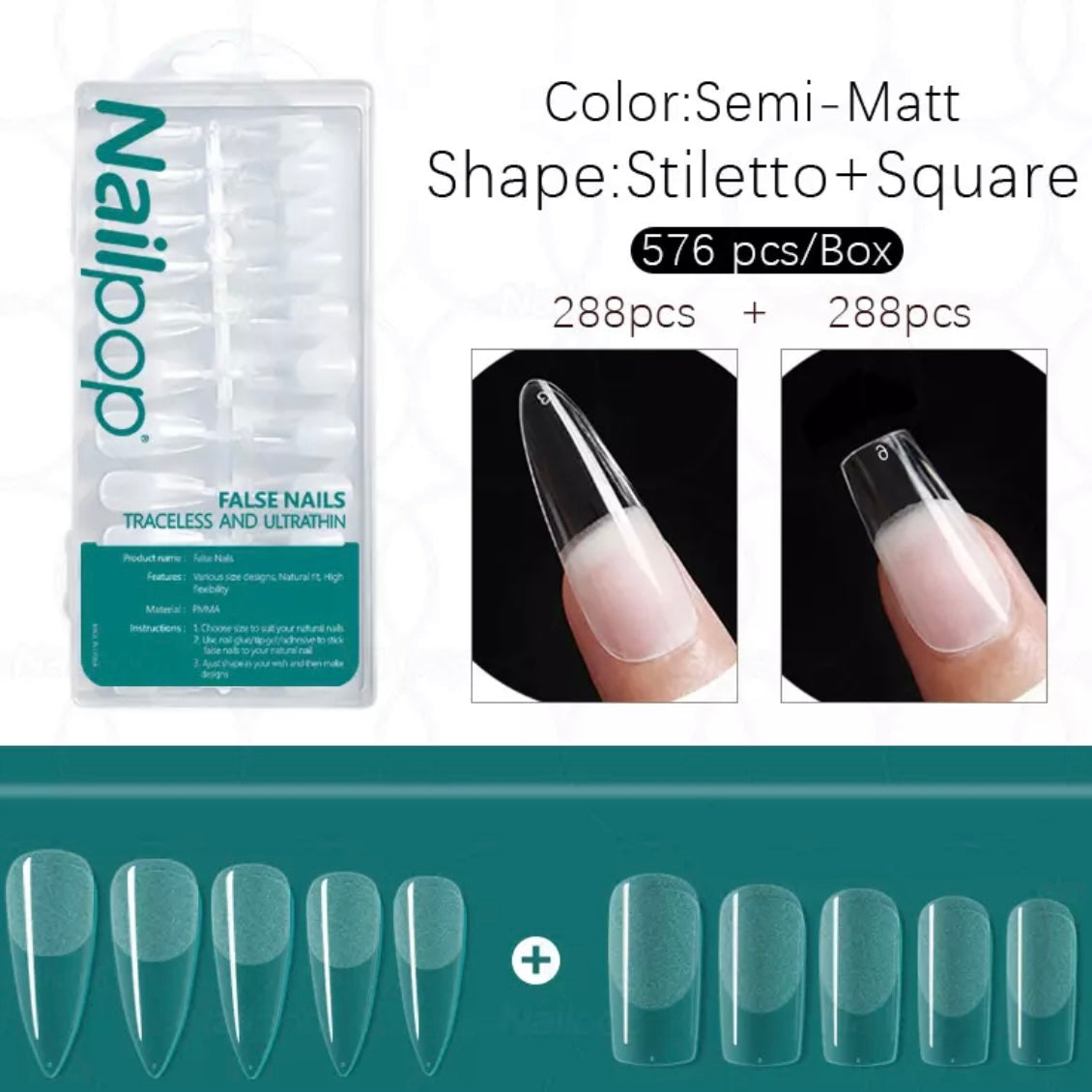 Gel tips, 576 pc set, 2 shapes: square , stiletto