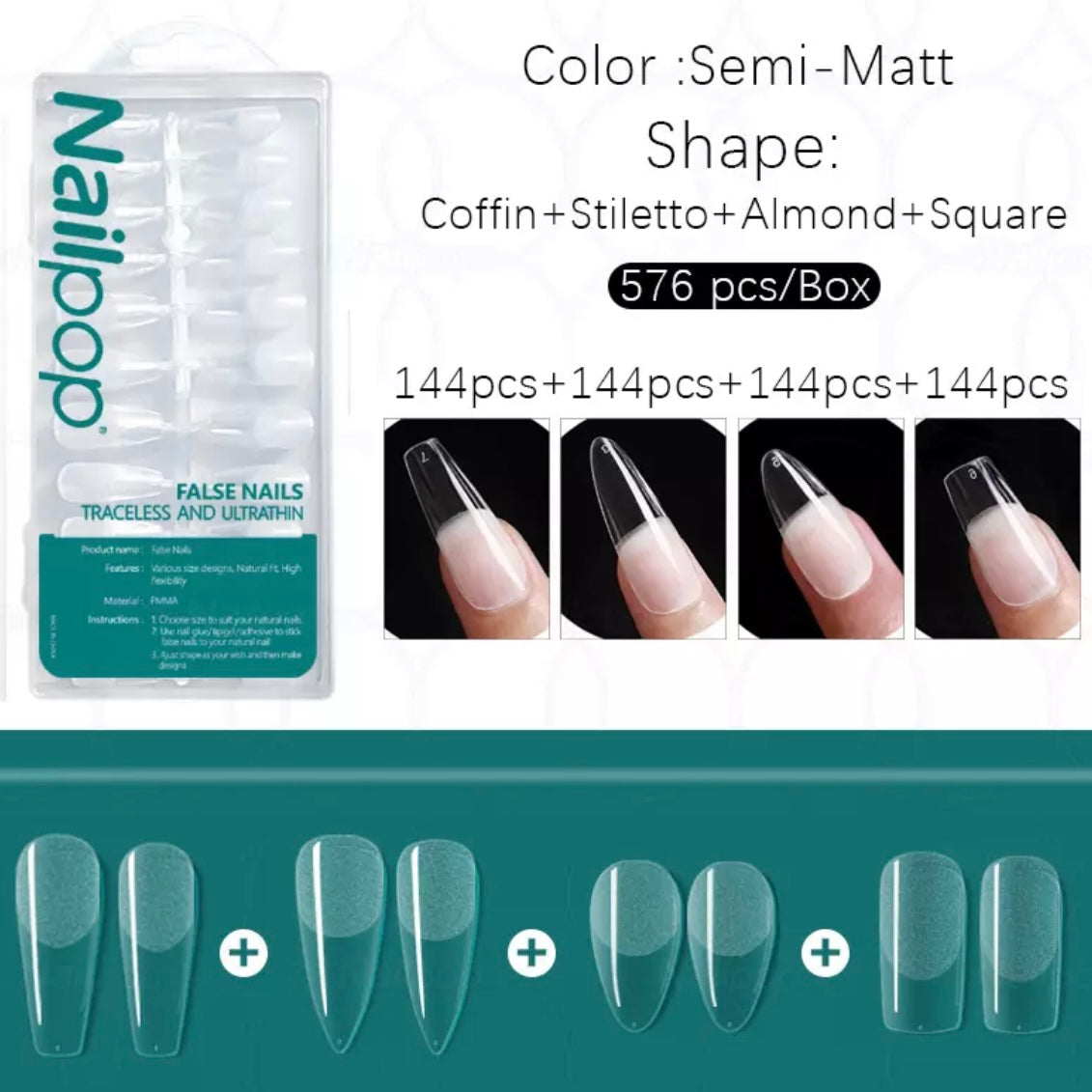 Gel tips, 576 pc set, 4 different shapes: coffin, stiletto, short almond, square