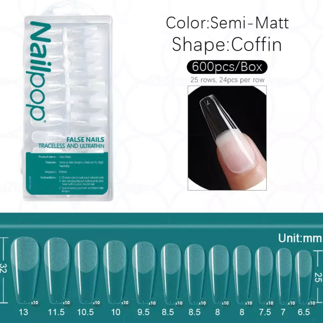 Gel tips, 600 pc set, long coffin