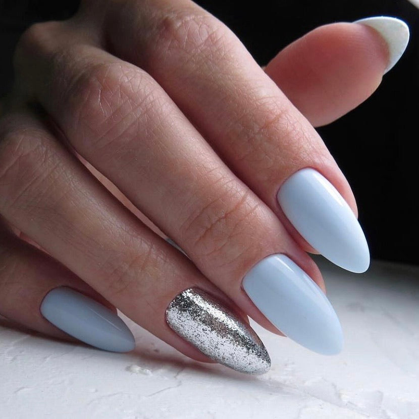 Almond gel nails with a mirror chrome accent and sleek salon finish