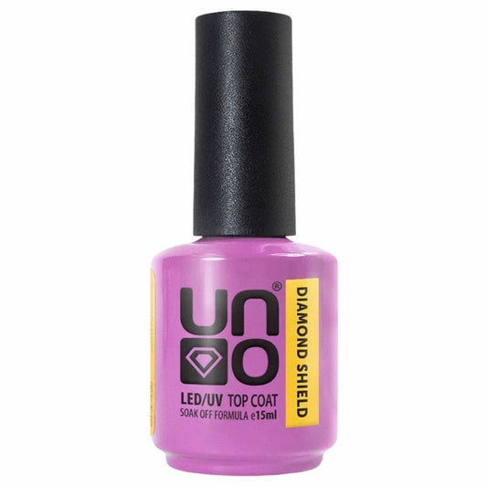 A bottle of UNO brand Diamond Shield nail polish top coat in pink color with a black cap.