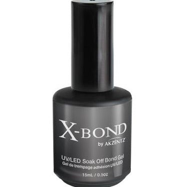 A bottle of AKZENTZ X-BOND clear universal base coat gel.