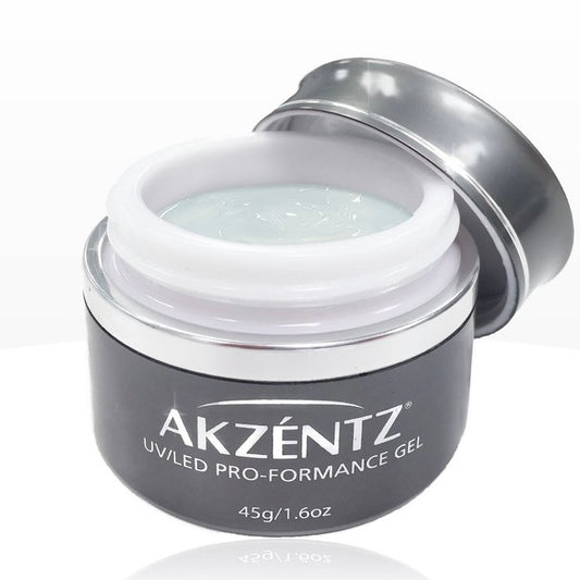 A jar of AKZENTZ UV/LED Pro-Formance Gel, 45g size, with the lid open showing the clear gel inside.