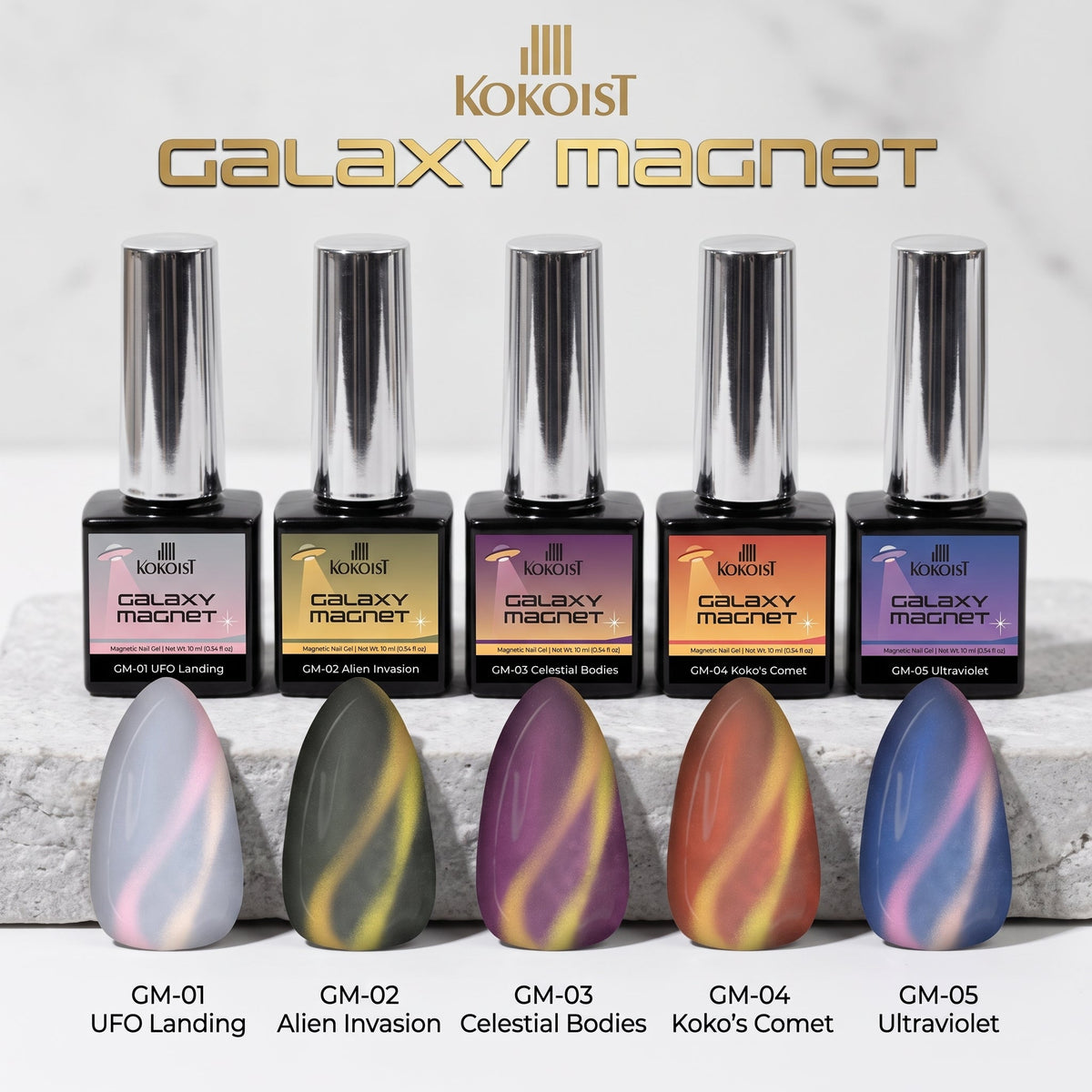 Five bottles of Kokoist Galaxy Magnet gel nail polish with corresponding iridescent nail swatches displayed below, labeled GM-01 UFO Landing through GM-05 Ultraviolet, on a light marble surface with product branding at the top.