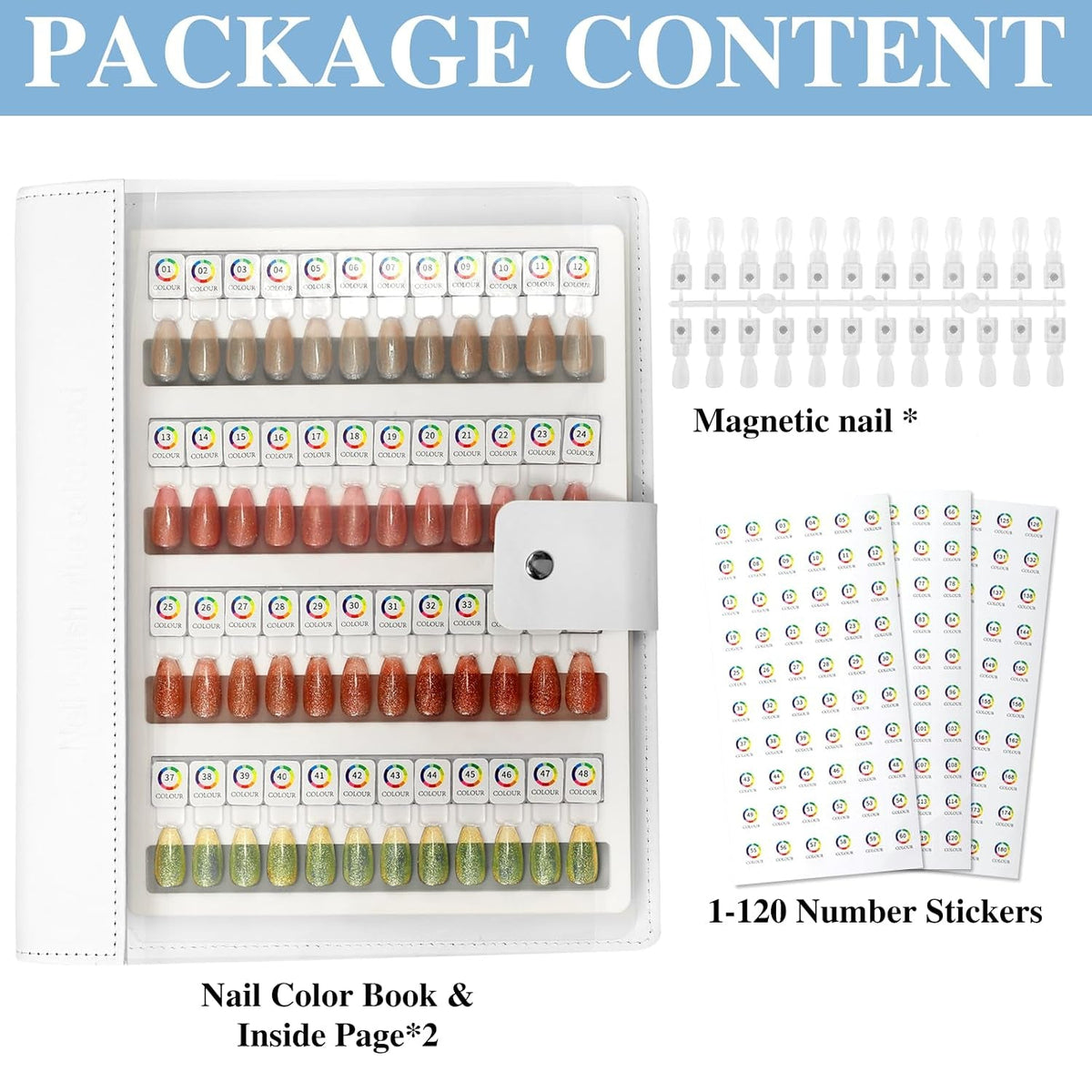 Nail art package with nail swatches colors, magnetic nail tips, 120 number stickers, and a color book.