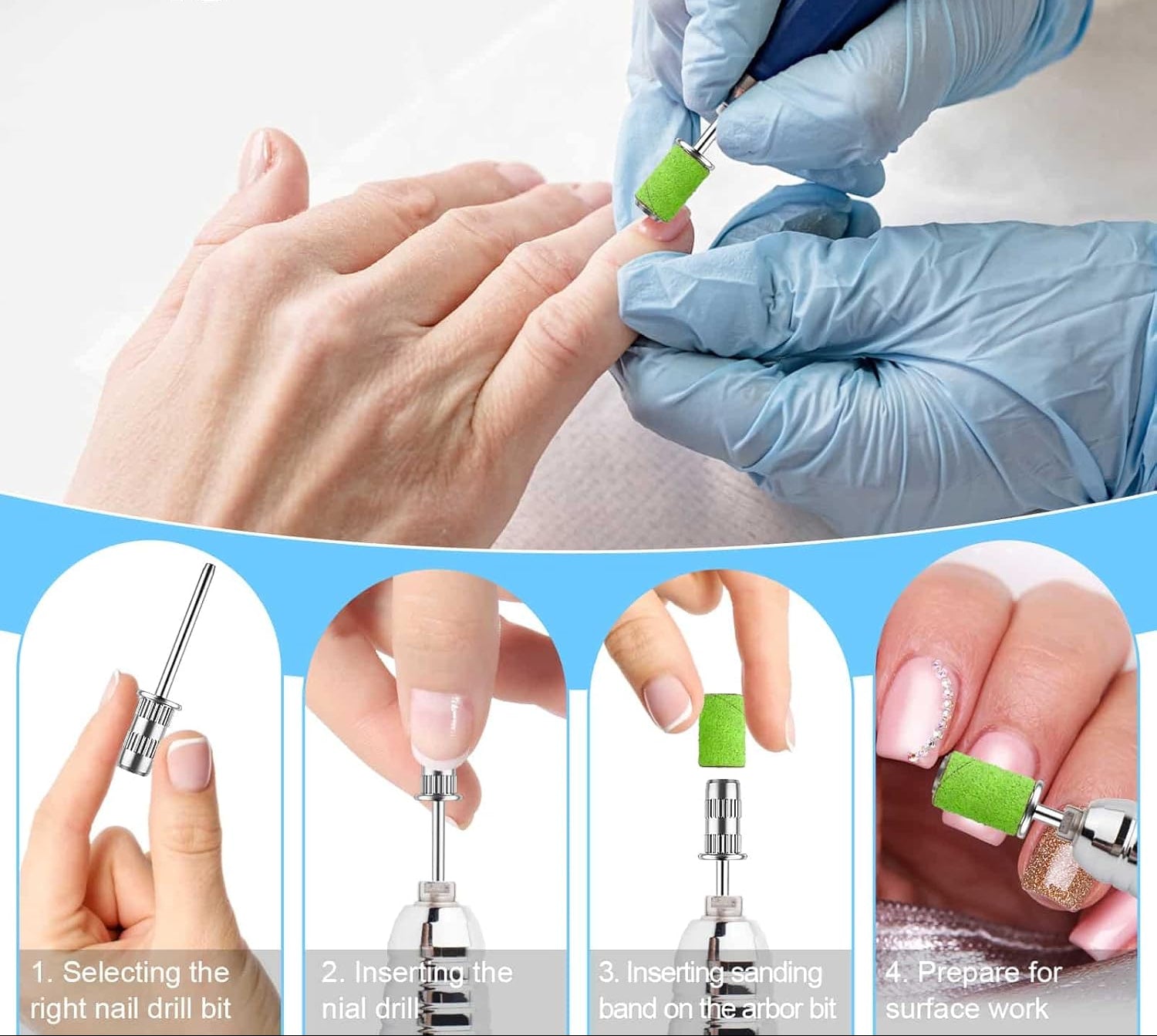 The mandrel is installed into the nail drill and being used on a hand with step-by-step instructions below.