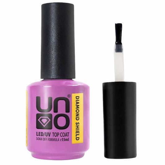 A bottle of UNO brand Diamond Shield nail polish top coat in pink color with a black cap.